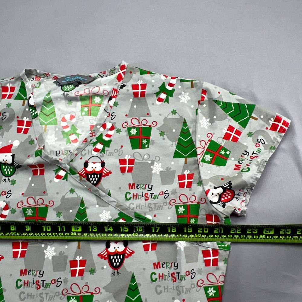 Serene Uniforms Scrub Top Womens Large Gray Christmas Trees & Owls Print Medical - Picture 5 of 10